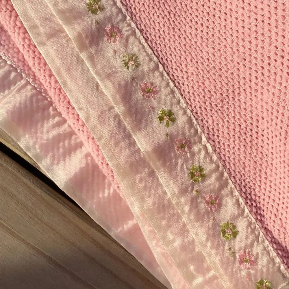 Vintage Woven Blanket Pink Embroidered Flowers Satin Trim 66” x 95”